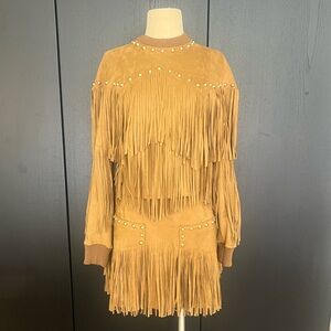 Roberto Cavalli set tassel camel colored suede skirt and sweater set
